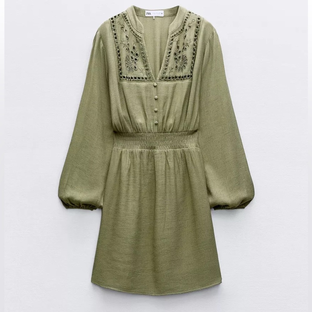 Zara Green Long Sleeve Plunge Neck Sundress
